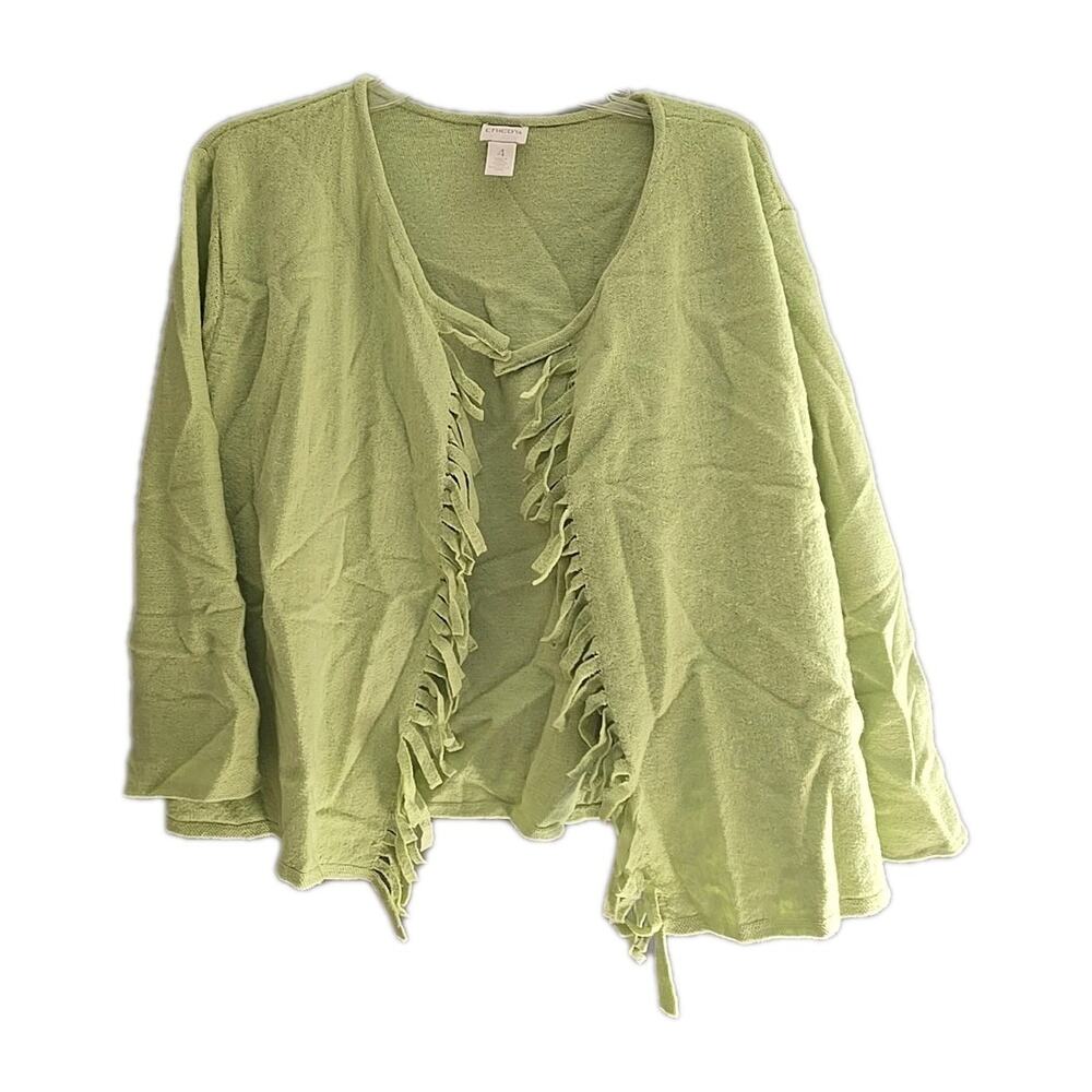 Chico's Green Open Front 100% Wool Knit Fringe Cardigan Sweater Womans Size XxL